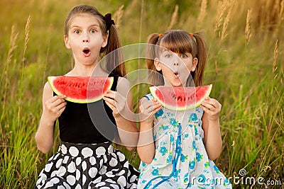 Funny little girls child eating watermelon in summer Stock Photo