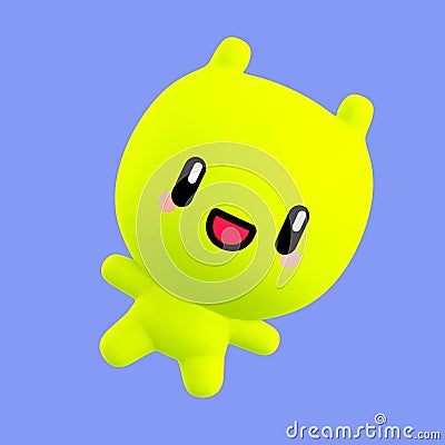 Funny little kawaii character. Cartoon alien emoji 3d render illustration on blue backdrop Stock Photo
