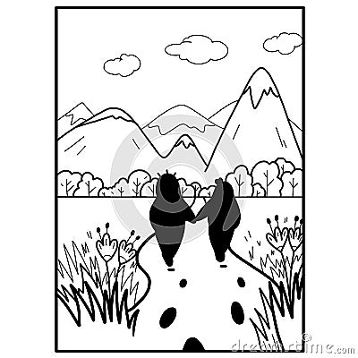 A funny little man who sits on Pirogi on a hill and meditates two men who went off the path and away easily mountain landscape Vector Illustration
