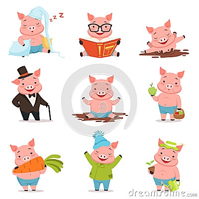 Funny little pigs in different situations set. Colorful cartoon characters vector illustrations Vector Illustration