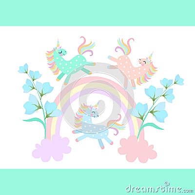 Funny little pony unicorns playing among the rainbow and clouds, from which grow blue bell flowers isolated on white background Vector Illustration
