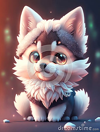 Funny little puppy, cute small fluffy dog with big eyes, cartoon anime style illustration. Generative Ai Cartoon Illustration