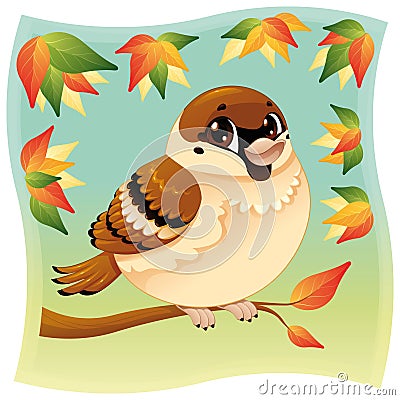 Funny little sparrow on a branch. Vector Illustration