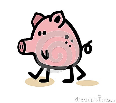 Funny little stick figure pig walking outdoor farm. Vector Illustration