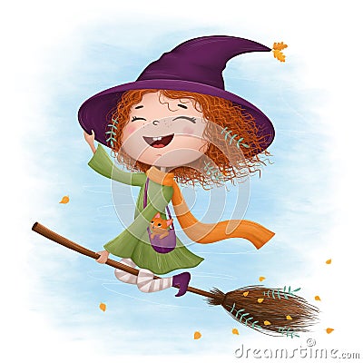 Funny little witch flying on a broomstick Cartoon Illustration