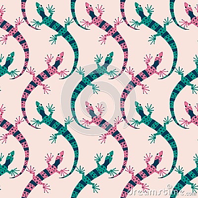 Funny lizards hand drawn vector illustration. Cute colorful salamanders in flat style seamless pattern for kids fabric. Vector Illustration