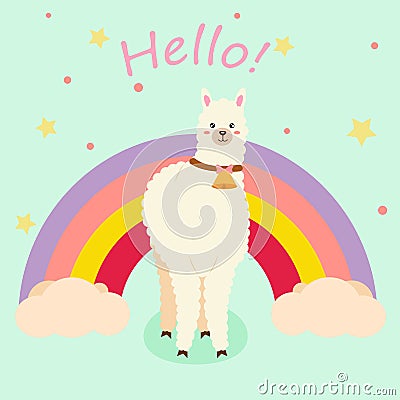 Funny llama alpaca in the image of a unicorn with wings and a horn in the cartoon style are isolated Vector Illustration