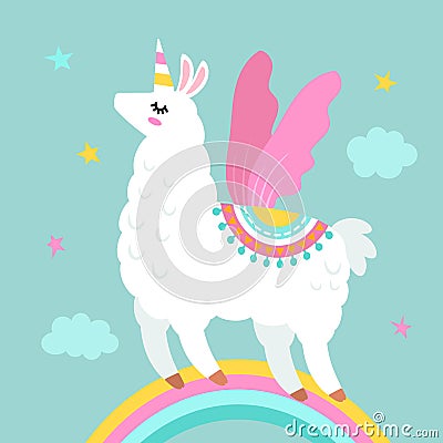 Funny llama alpaca in the image of a unicorn with wings and a horn in the cartoon style are isolated. flat vector illustration Stock Photo