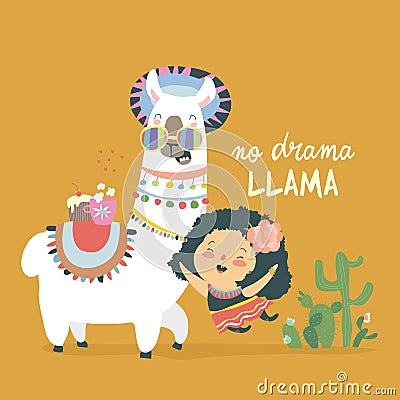 Funny llama alpaka with cute mexican girl Vector Illustration