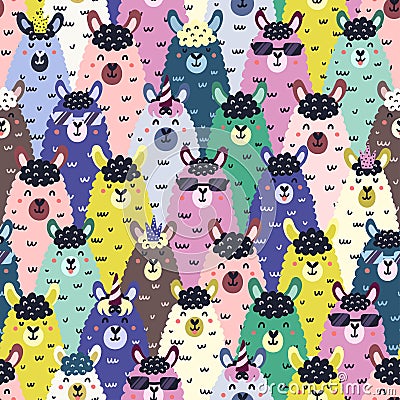 Funny llamas colorful seamless pattern. Childish background with cute alpaca Vector Illustration