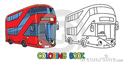 Funny London bus with eyes. Coloring book Vector Illustration