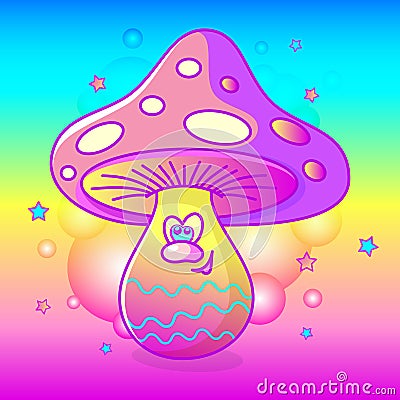 Funny magic mushroom fly agaric. Vivid psychedelic hallucinations. Vector Vector Illustration