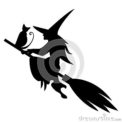 Funny magic silhouette of witch and cat flying on broom Vector Illustration