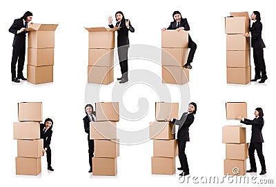 Funny man with boxes on white Stock Photo