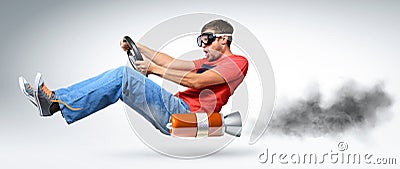 Funny man car driver with a wheel Stock Photo