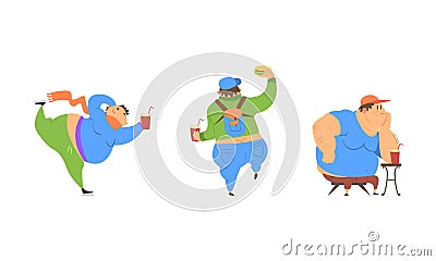 Funny Man Character with Fat Belly Drinking Soda Ice Skating and Walking with Backpack Vector Set Vector Illustration