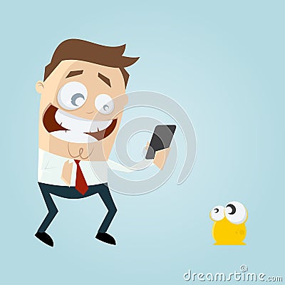 Funny man collecting a virtual creature with his smartphone Vector Illustration