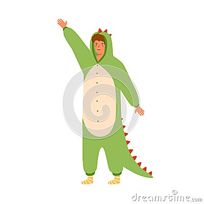 Funny man in dinosaur kigurumi with raised hand. Male character wearing animal costume for carnival party. Cheerful Vector Illustration