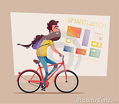 Funny man with long beard ride a bike. Vintage bicycle. Cartoon vector illustration Vector Illustration