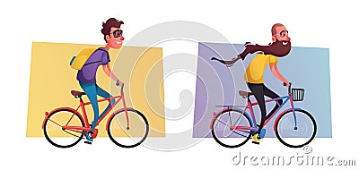 Funny man with long beard ride a bike. Vintage bicycle. Cartoon vector illustration Vector Illustration