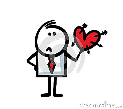 Funny man in office suit holds a heart pierced with arrows in his hands. Vector Illustration