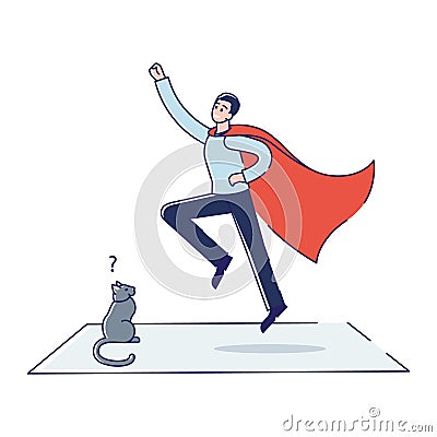 Funny man in red cape dreaming to be super hero. Cartoon guy wearing imagine flying at home Vector Illustration