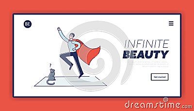 Funny man in red cape dreaming to be super hero over template landing page for imagination banner Vector Illustration