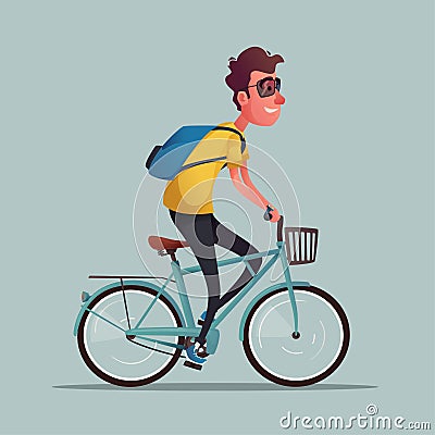 Funny man ride a bike. Vintage bicycle. Cartoon vector illustration Vector Illustration