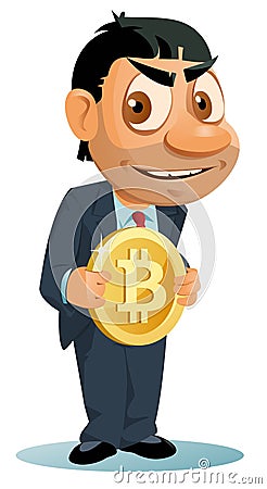 Funny man in a suit holds bitcoin simbol. Vector Illustration