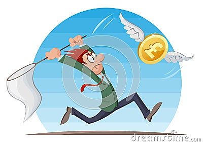 Funny man in suit trying to catch pound sterling coin with a but Vector Illustration