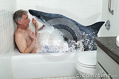 Funny Man, Tub, Bathtub, Shark, Bathing Stock Photo