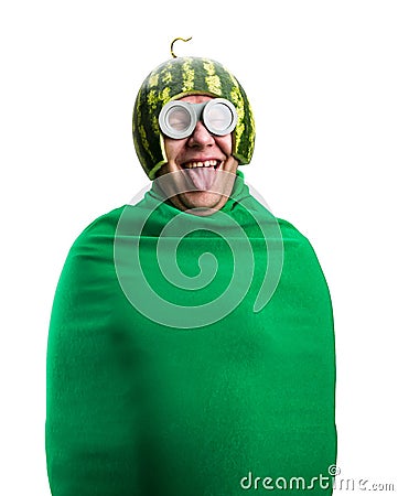 Funny man with watermelon helmet and googles Stock Photo