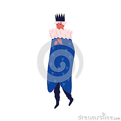 Funny man wearing crown and king costume vector flat illustration. Happy male in carnival clothes and colorful mantle Vector Illustration