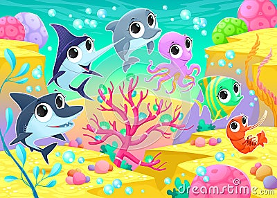 Funny marine animals under the sea Cartoon Illustration