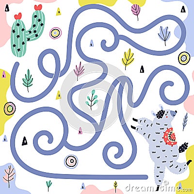 Funny maze game for kids with a cute dancing llama Vector Illustration