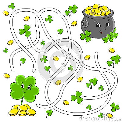 Funny maze for kids. Clover, pot. St. Patrick`s day. Puzzle for children. Cartoon character. Labyrinth conundrum. Color vector Vector Illustration