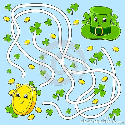 Funny maze for kids. Coin, hat. St. Patrick`s day. Puzzle for children. Cartoon character. Labyrinth conundrum. Color vector Vector Illustration