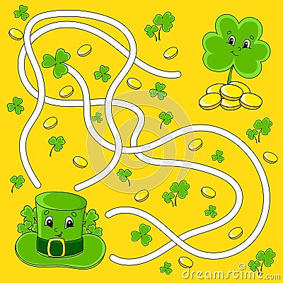 Funny maze for kids. Hat, clover. St. Patrick`s day. Puzzle for children. Cartoon character. Labyrinth conundrum. Color vector Vector Illustration