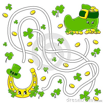 Funny maze for kids. Horseshoe, boot. St. Patrick`s day. Puzzle for children. Cartoon character. Labyrinth conundrum. Color vecto Vector Illustration