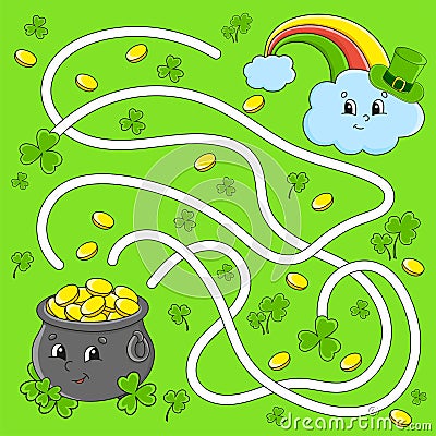 Funny maze for kids. Pot, rainbow. St. Patrick`s day. Puzzle for children. Cartoon character. Labyrinth conundrum. Color vector Vector Illustration