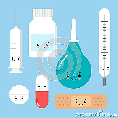 Funny medicine equipment cartoon characters. Thermometer, syringe, tablet, plaster, pill isolated illustration. Cute Cartoon Illustration