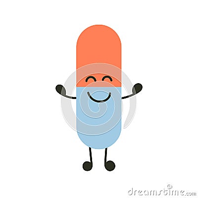 Funny medicine pills character happiness. Humor medical emoticons pills cheerful. Cartoon work emoji character health care Vector Illustration