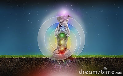 Funny Dog in Chakra Grounding Meditation Stock Photo