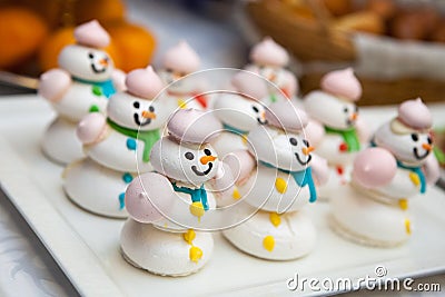 Funny meringue Snowman for Christmas parties fun cake Stock Photo