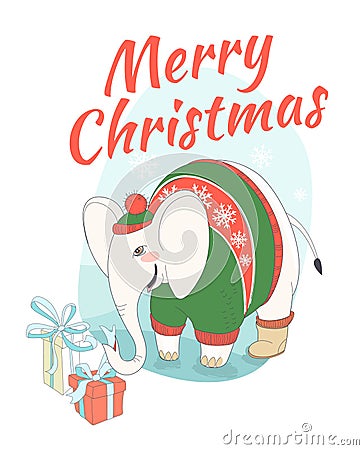 Funny Merry Christmas card with elephant wearing cute sweater an Vector Illustration