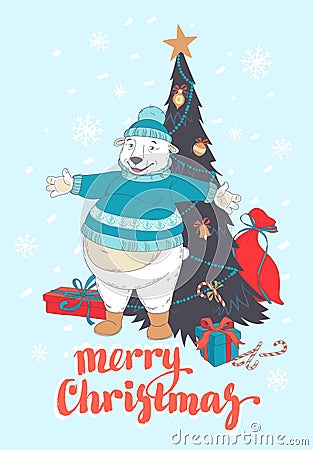 Funny Merry Christmas card with polar bear wearing cute sweater Vector Illustration