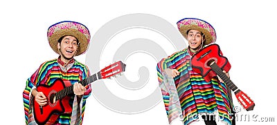 The funny mexican with guitar isolated on white Stock Photo