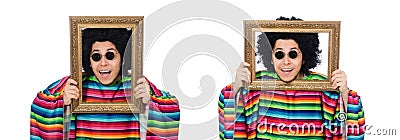 The funny mexican with photo frame isolated on white Stock Photo