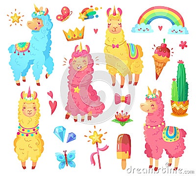 Funny mexican smiling alpaca with fluffy wool and cute rainbow llama unicorn. Magic pets cartoon illustration set Vector Illustration