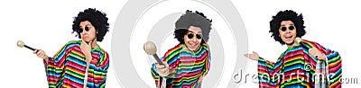 The funny mexican wearing poncho with maracas isolated on white Stock Photo